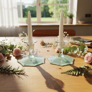 Set of 2 Vintage 1960's  pastel sage octagon base candle holders. SHIPS FREE